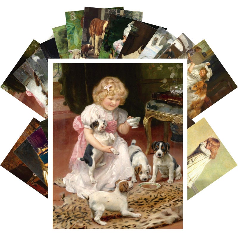 PIXILUV Vintage PostCards 24 pcs Cute Kids and Kitten and Puppy Playing Vintage Antique Museum Painting - Image 1